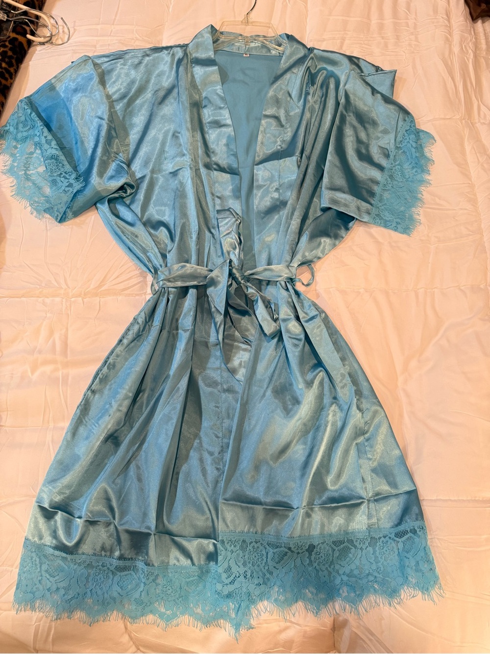 Satin Lace-Trim Robe — Light Blue